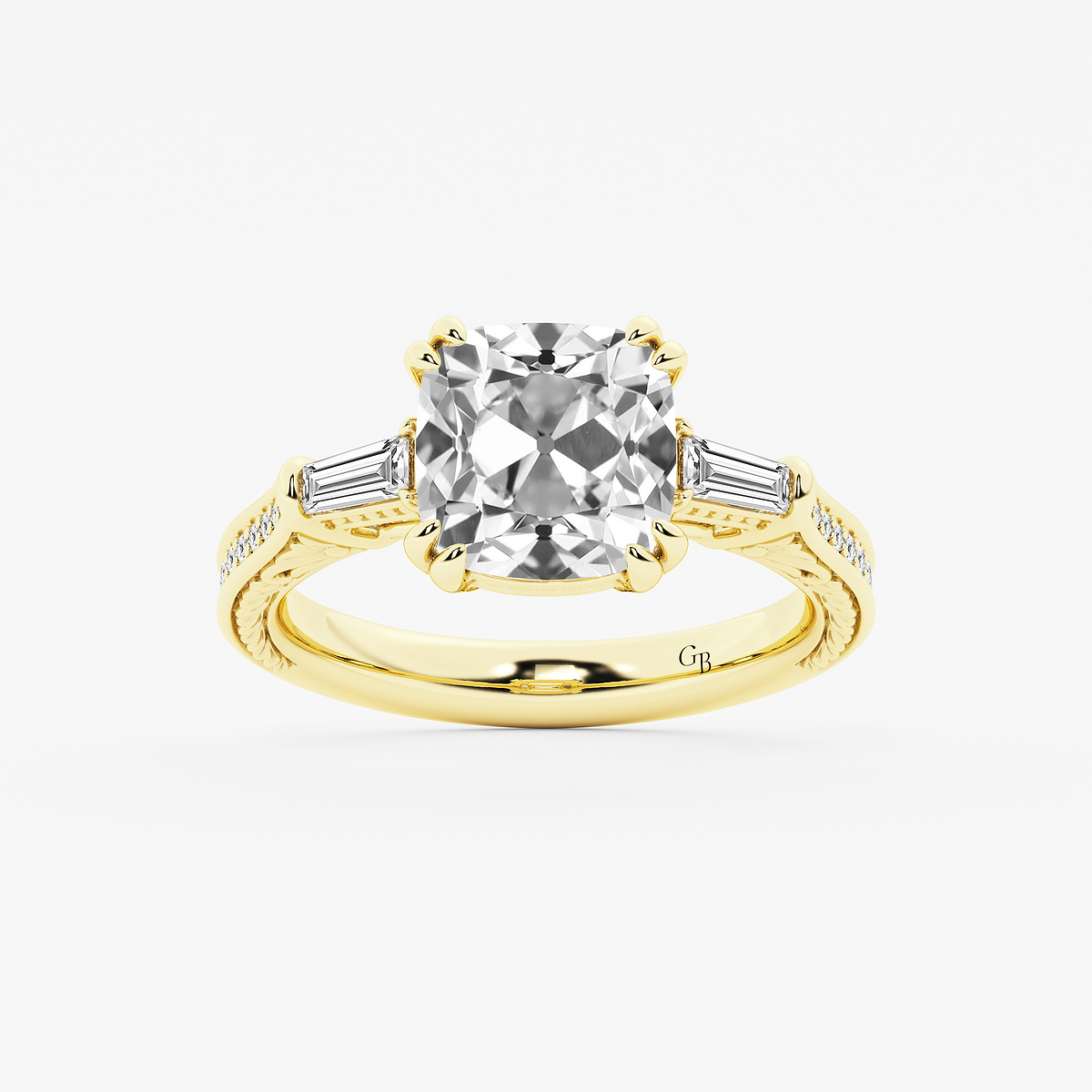 2 1/2 ctw Cushion Old Mine Cut Lab Grown Diamond Lab Grown Diamond Vintage Filigree with Baguettes Side Stone Engagement Ring