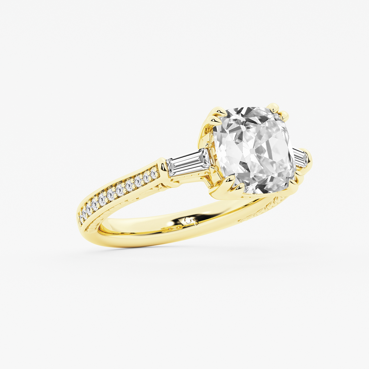 Additional Image 1 for  2 1/2 ctw Cushion Old Mine Cut Lab Grown Diamond Lab Grown Diamond Vintage Filigree with Baguettes Side Stone Engagement Ring