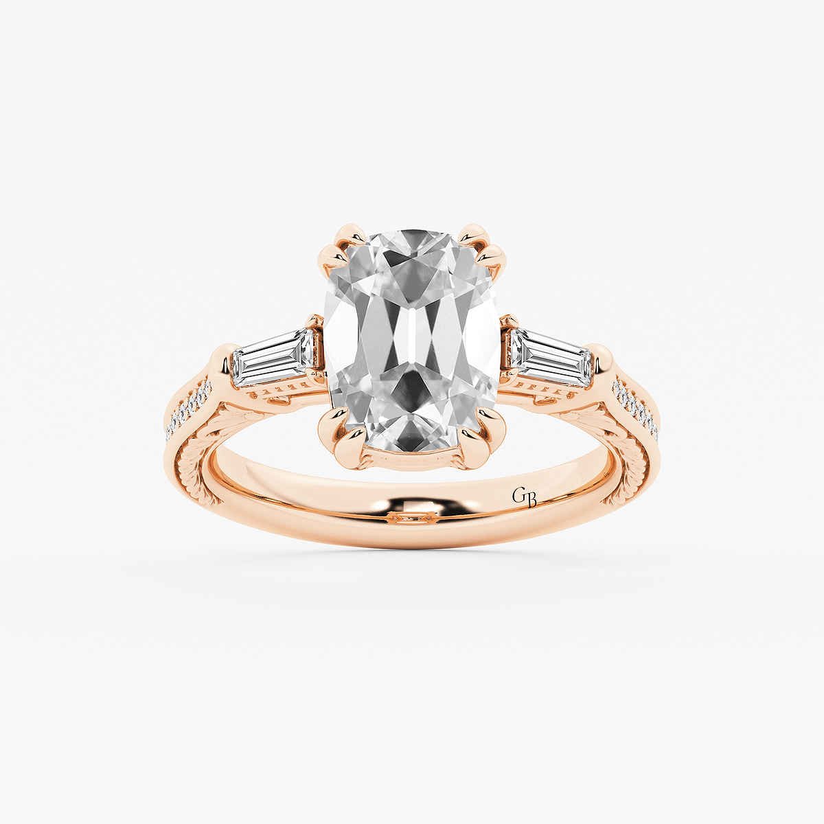 3 1/2 ctw Elongated Cushion Lab Grown Diamond Vintage Filigree with Baguettes Side Stone Engagement Ring