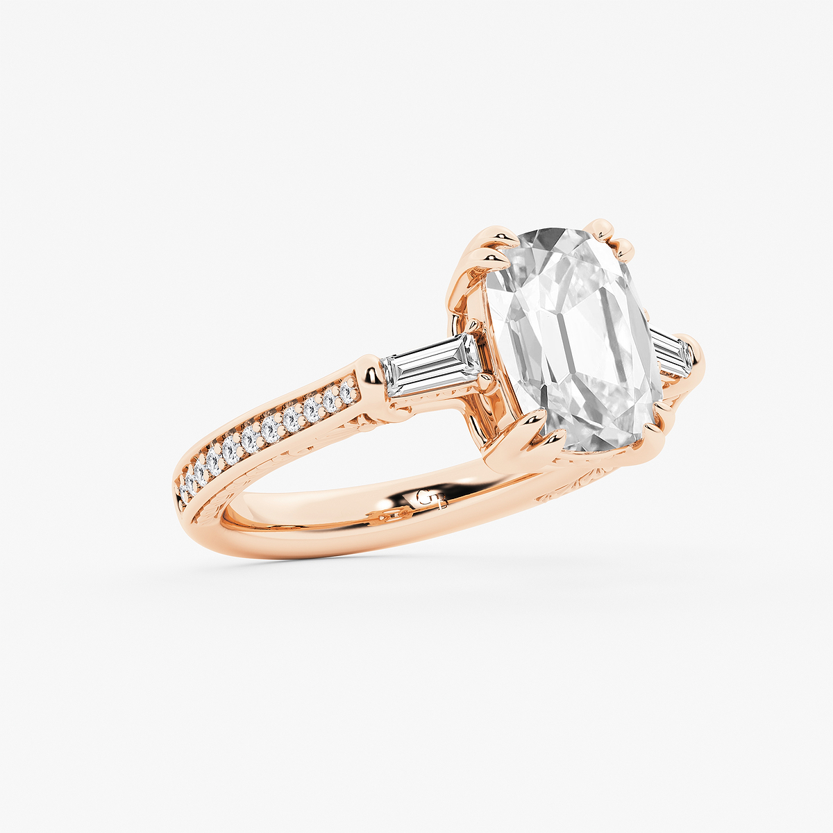 Additional Image 1 for  3 1/2 ctw Elongated Cushion Lab Grown Diamond Vintage Filigree with Baguettes Side Stone Engagement Ring
