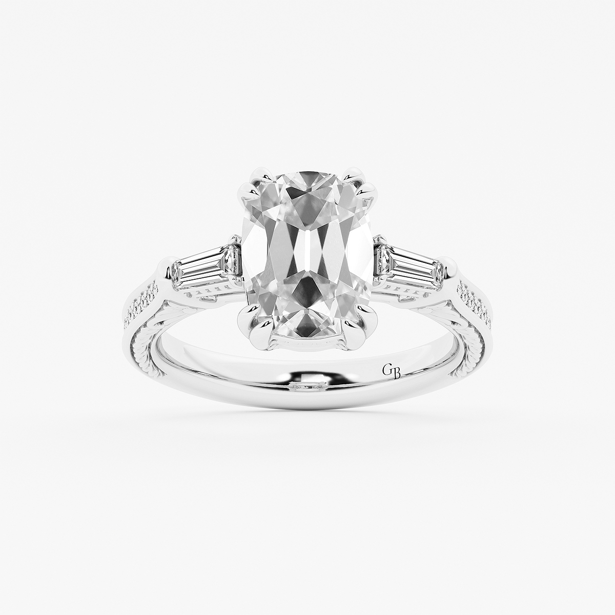 3 1/2 ctw Elongated Cushion Lab Grown Diamond Vintage Filigree with Baguettes Side Stone Engagement Ring