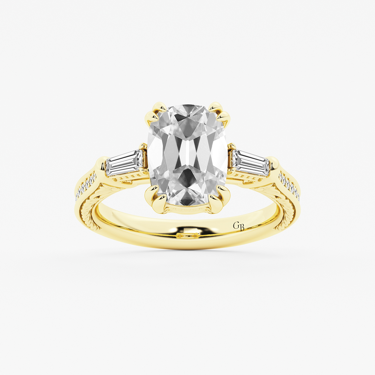 3 1/2 ctw Elongated Cushion Lab Grown Diamond Vintage Filigree with Baguettes Side Stone Engagement Ring