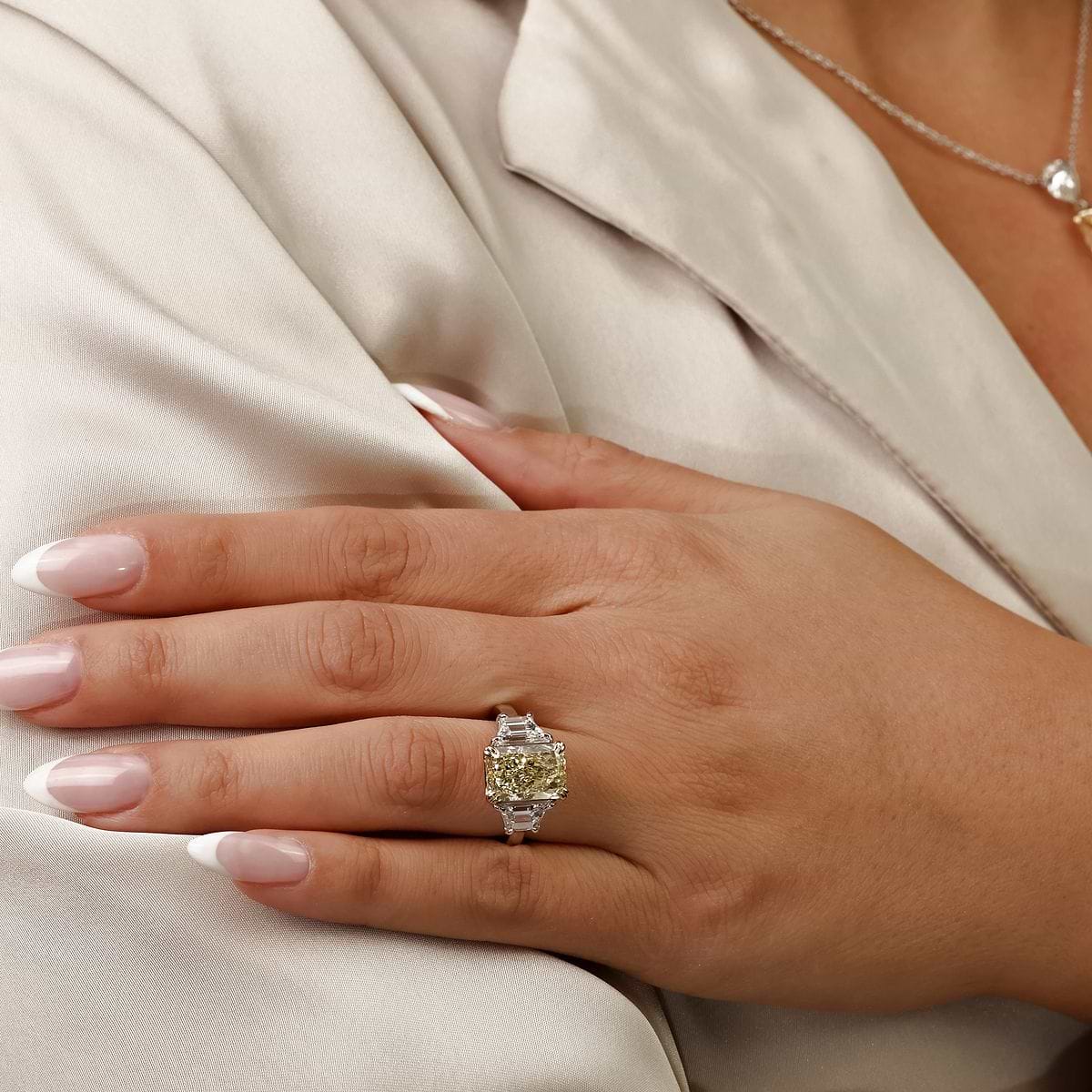 6 3/4 ctw Fancy Yellow Radiant Lab Grown Diamond with Trapezoid Three-Stone Engagement Ring