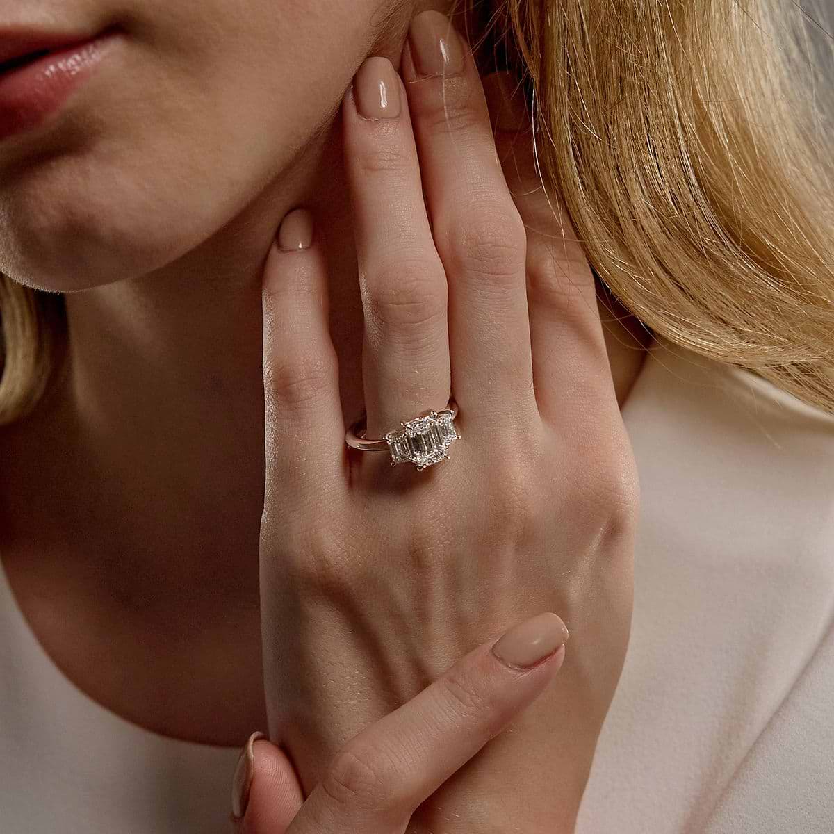 5 1/4 ctw Emerald Lab Grown Diamond Three-Stone Ring 18K White Gold, FG, VS2+