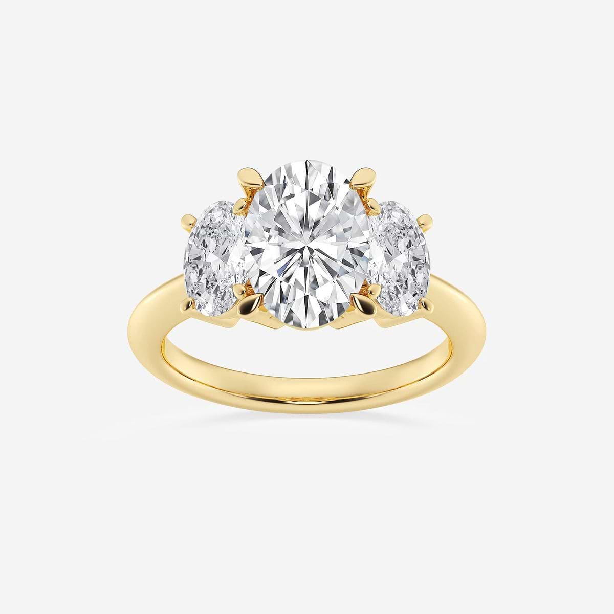 4 ctw Oval Lab Grown Diamond Three-Stone Ring 18K Yellow Gold, F, VS2