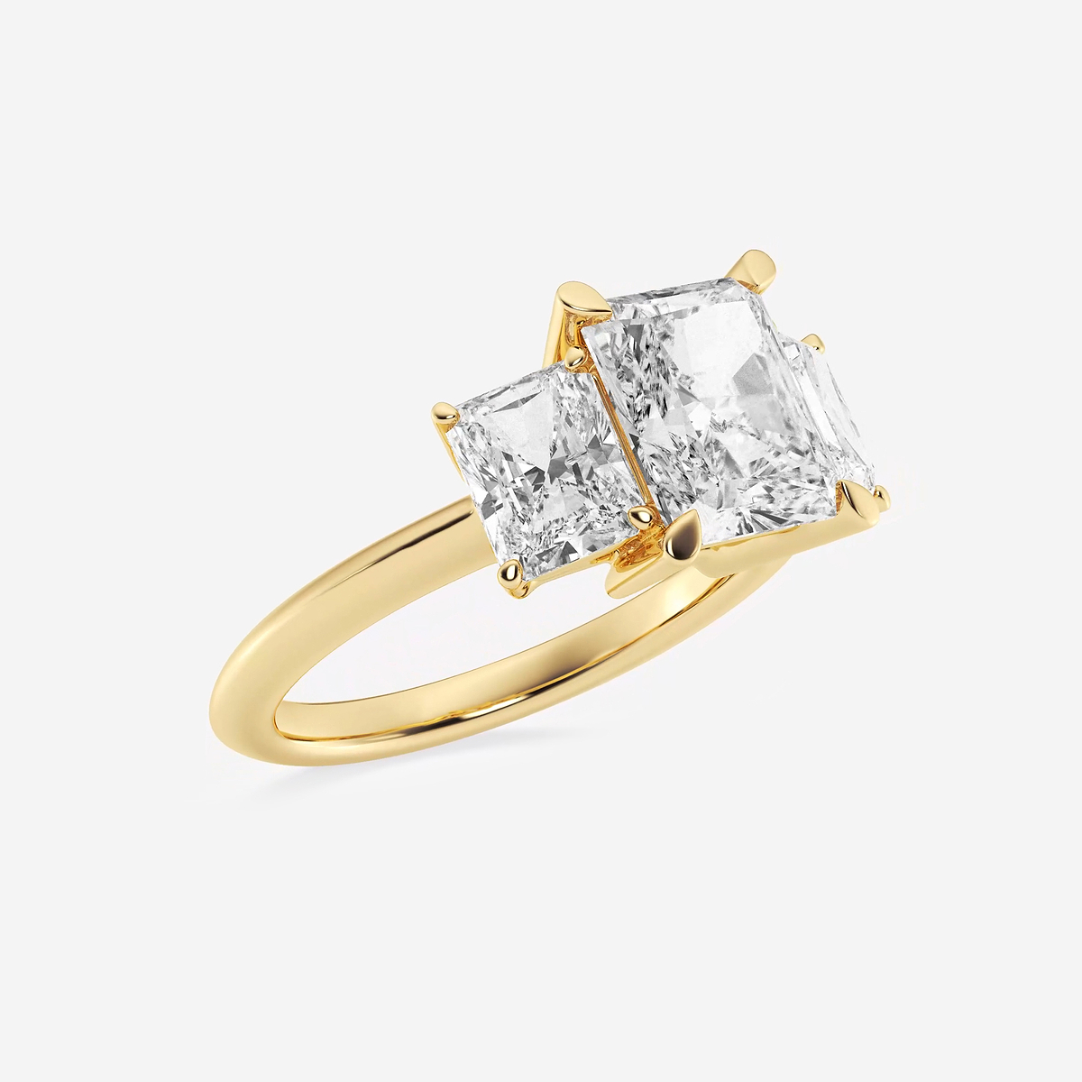 4 ctw Radiant Lab Grown Diamond Three-Stone Ring 18K Yellow Gold, E, VS1