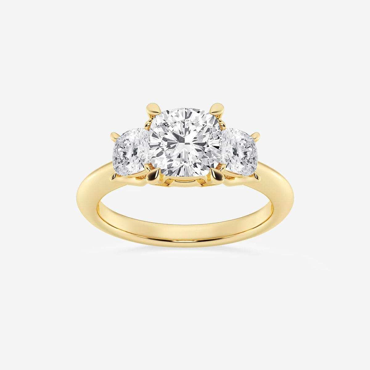 3 1/5 ctw Cushion Lab Grown Diamond Three-Stone Ring 18K Yellow Gold, F, VS2