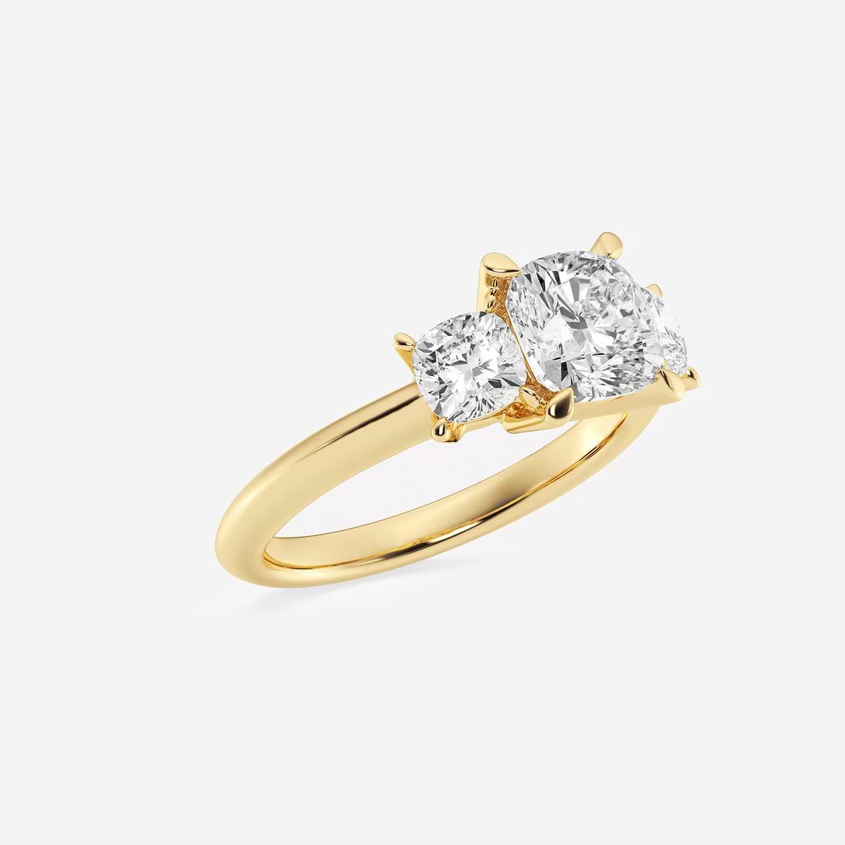 3 1/5 ctw Cushion Lab Grown Diamond Three-Stone Ring 18K Yellow Gold, F, VS2