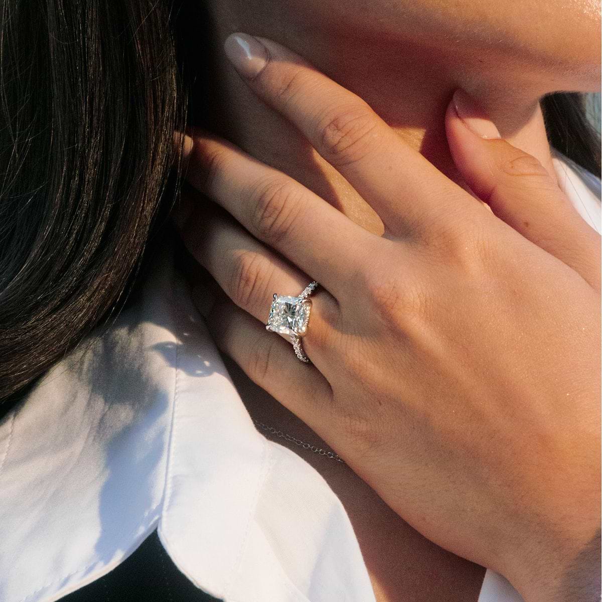 Badgley Mischka Colorless 4 1/3 ctw Cushion Lab Grown Diamond Side Stone Engagement Ring
