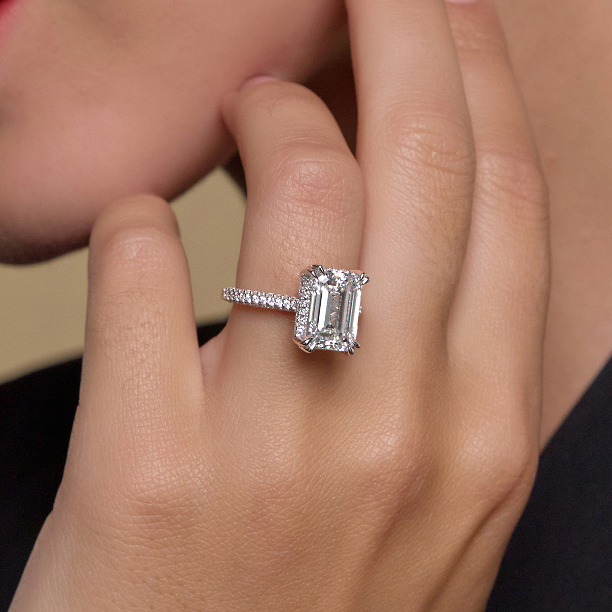Badgley Mischka Near-Colorless 4 1/2 ctw Emerald Lab Grown Diamond Double Prong Halo Engagement Ring 18K White Gold, GH, VS2+