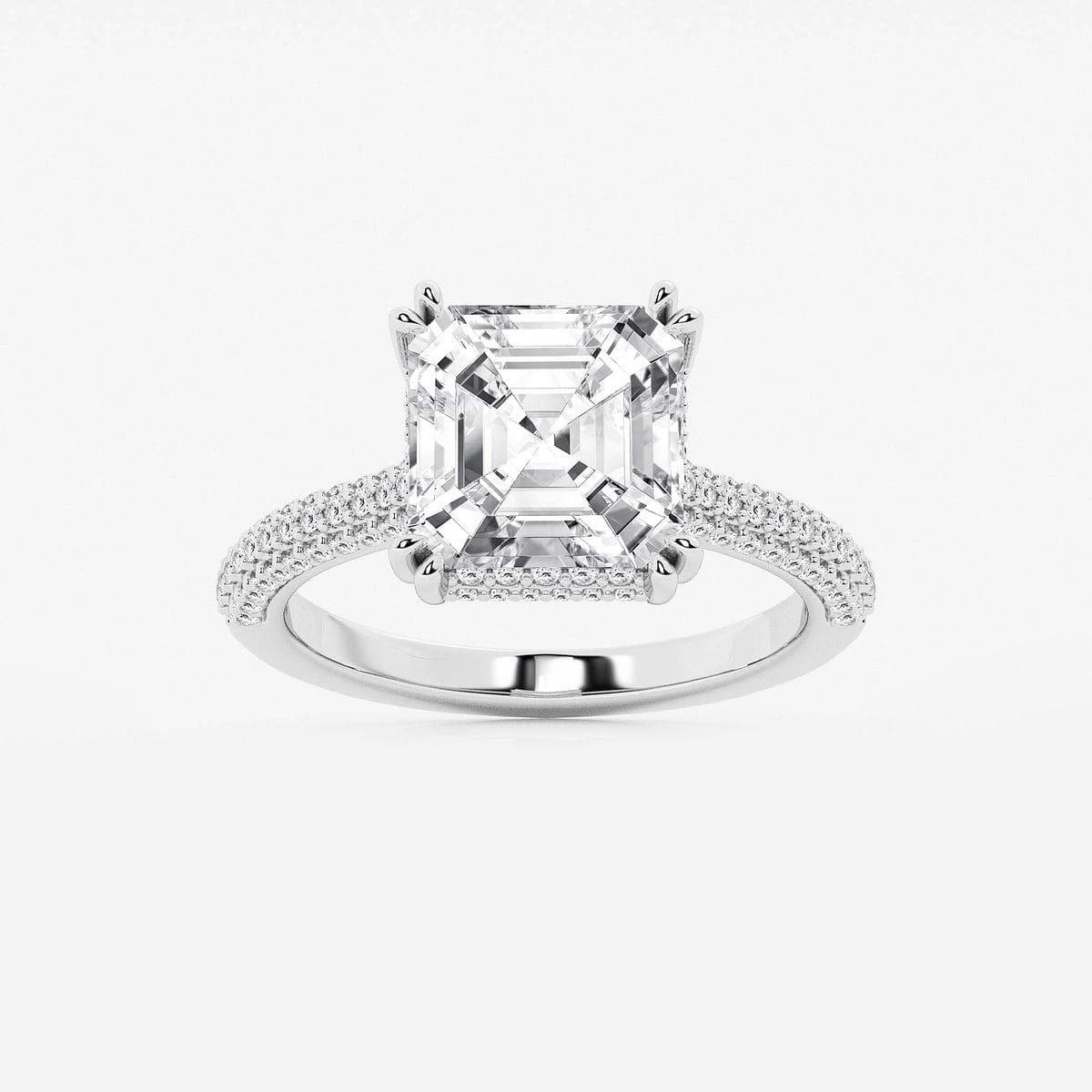 5 ctw Asscher Lab Grown Diamond Double Prong Hidden Halo Engagement Ring 18K White Gold, F, VS2