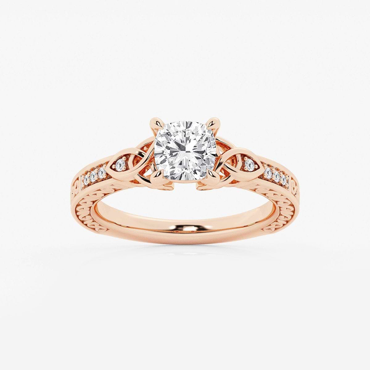 1 ctw Cushion Lab Grown Diamond Vintage Inspired Celtic Side Stone Engagement Ring 14K Rose Gold, F, VS2