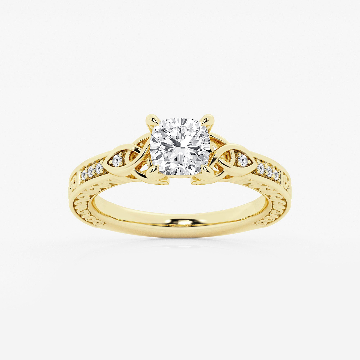 1 ctw Cushion Lab Grown Diamond Vintage Inspired Celtic Side Stone Engagement Ring