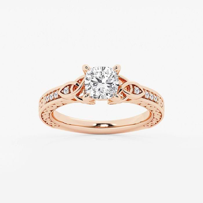 1 ctw Cushion Lab Grown Diamond Vintage Inspired Celtic Side Stone Engagement Ring 14K White Gold, F, VS2