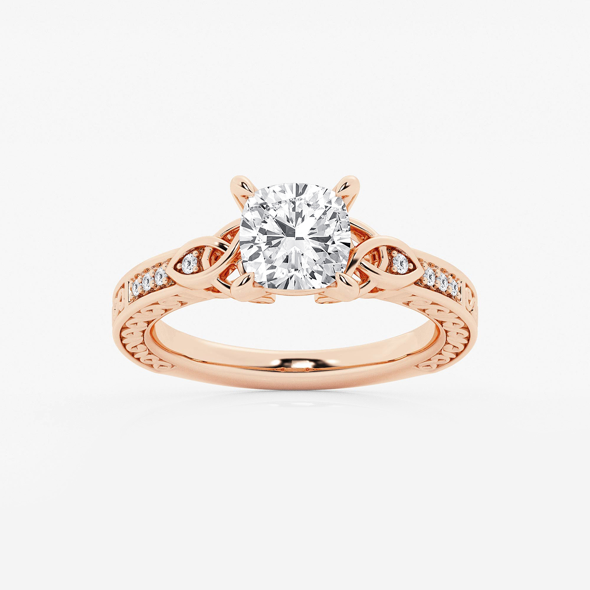 1 1/2 ctw Cushion Lab Grown Diamond Vintage Inspired Celtic Side Stone Engagement Ring
