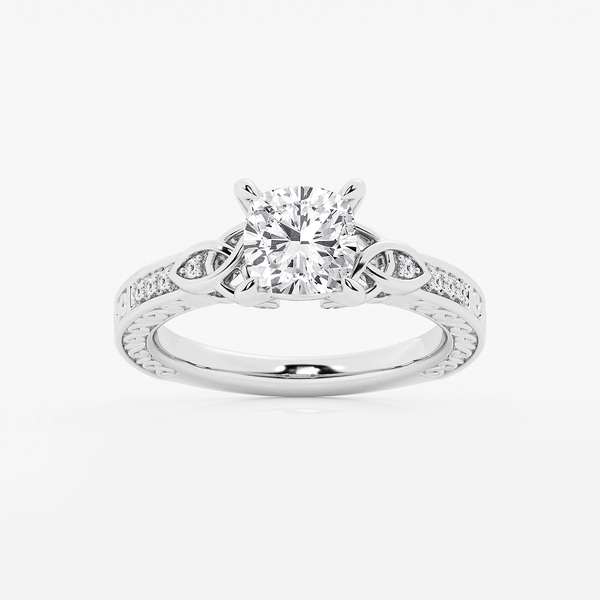 1 1/2 ctw Cushion Lab Grown Diamond Vintage Inspired Celtic Side Stone Engagement Ring