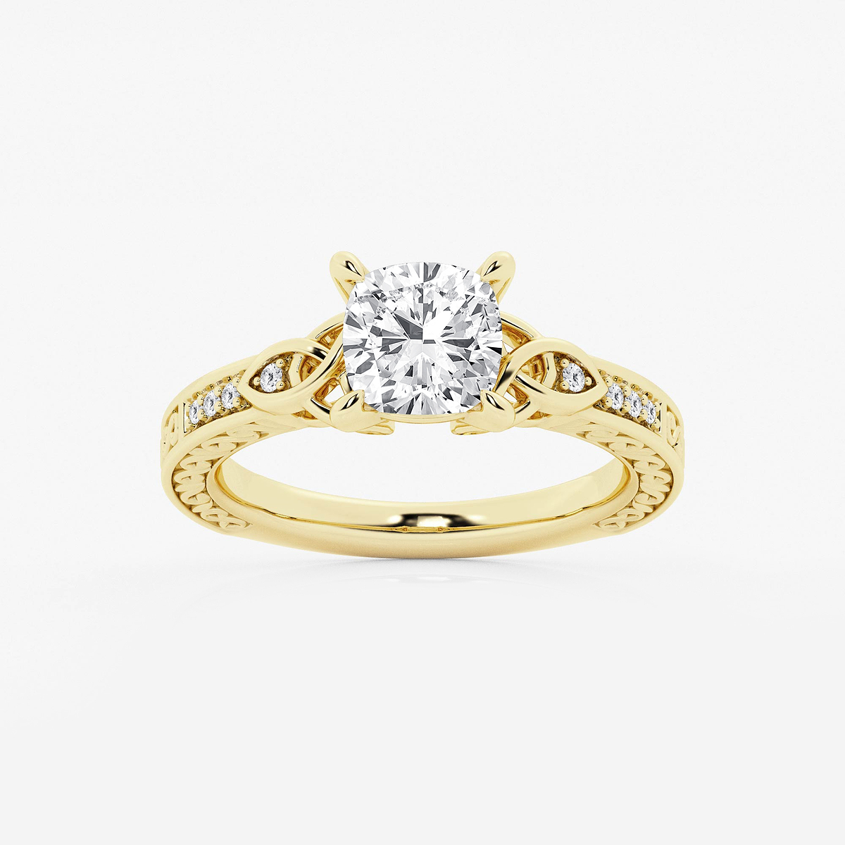 1 1/2 ctw Cushion Lab Grown Diamond Vintage Inspired Celtic Side Stone Engagement Ring
