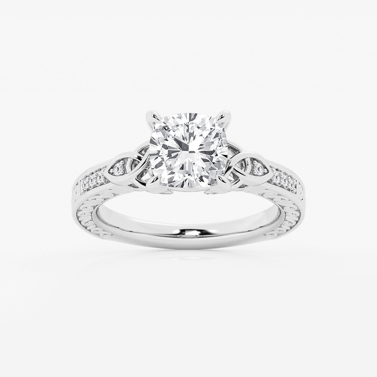 2 ctw Cushion Lab Grown Diamond Vintage Inspired Celtic Side Stone Engagement Ring