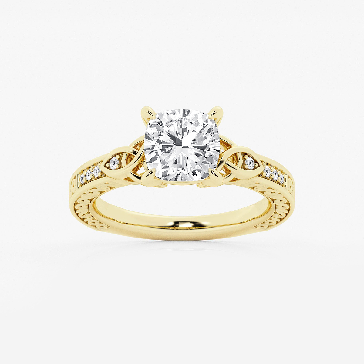 2 ctw Cushion Lab Grown Diamond Vintage Inspired Celtic Side Stone Engagement Ring