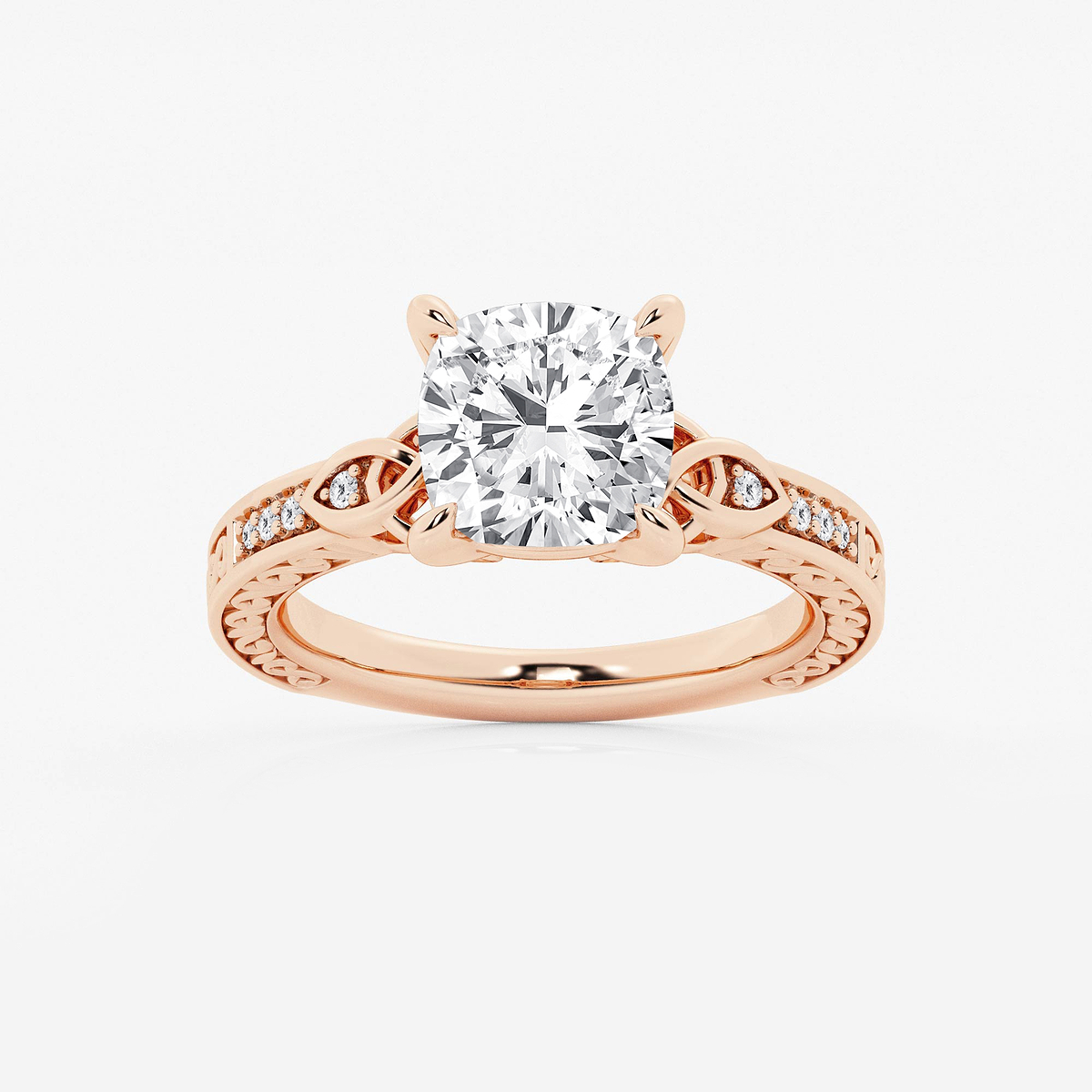 3 ctw Cushion Lab Grown Diamond Vintage Inspired Celtic Side Stone Engagement Ring