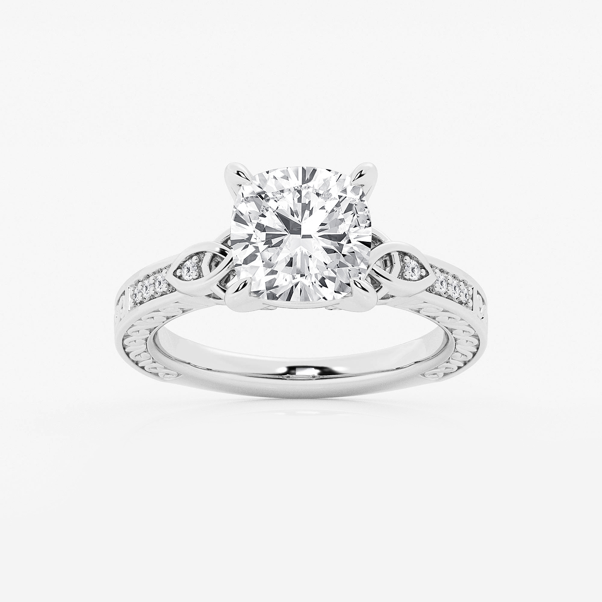 3 ctw Cushion Lab Grown Diamond Vintage Inspired Celtic Side Stone Engagement Ring