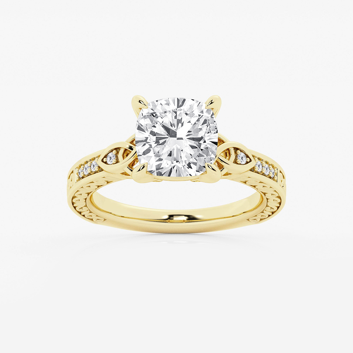 3 ctw Cushion Lab Grown Diamond Vintage Inspired Celtic Side Stone Engagement Ring