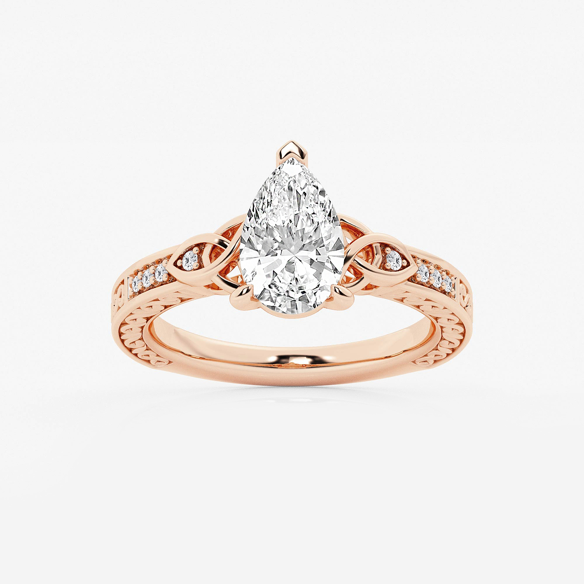 1 1/2 ctw Pear Lab Grown Diamond Vintage Inspired Celtic Side Stone Engagement Ring