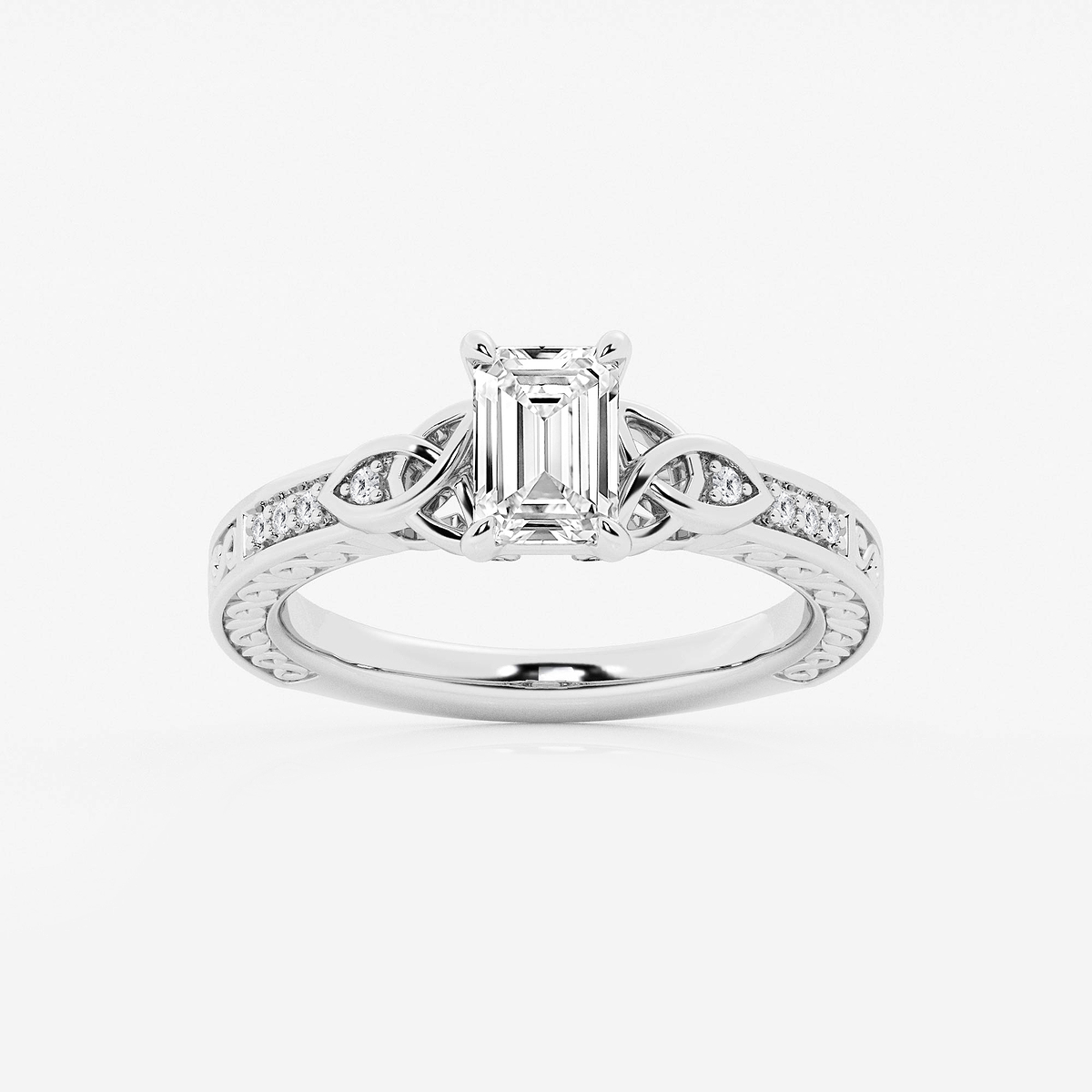 1 ctw Emerald Lab Grown Diamond Vintage Inspired Celtic Side Stone Engagement Ring