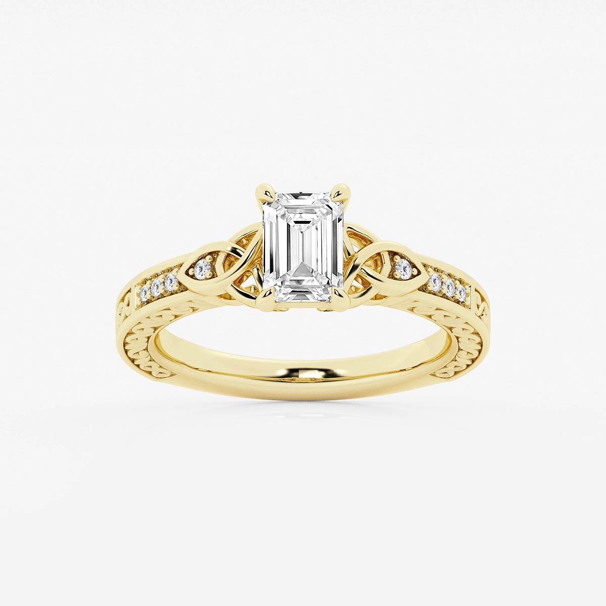 1 ctw Emerald Lab Grown Diamond Vintage Inspired Celtic Side Stone Engagement Ring 14K Yellow Gold, D, VVS