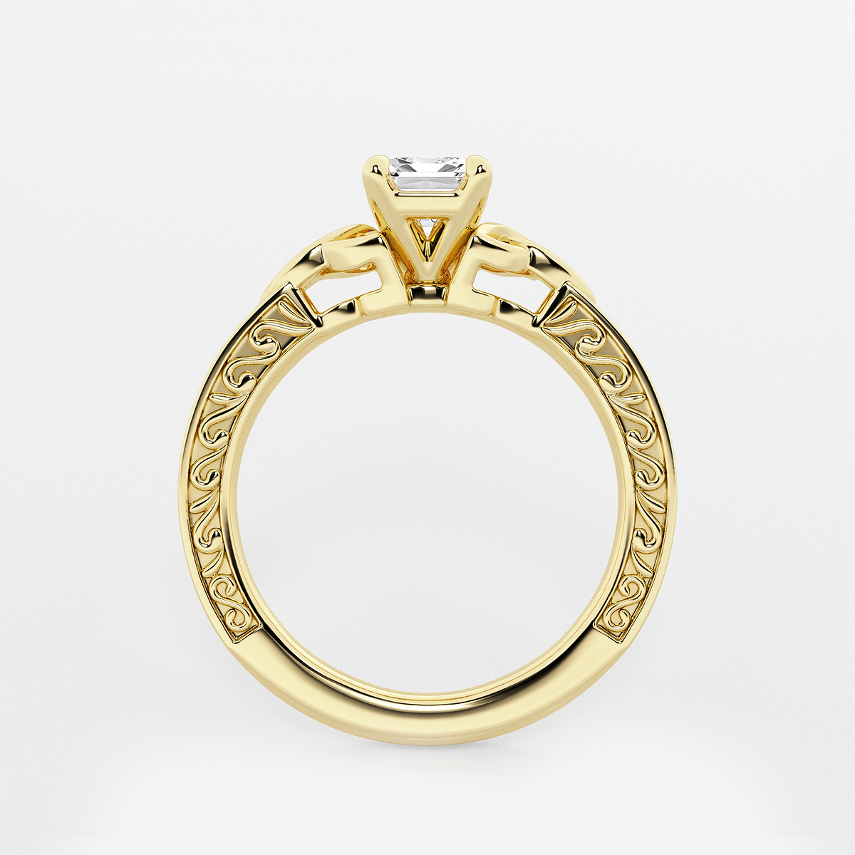 1 ctw Emerald Lab Grown Diamond Vintage Inspired Celtic Side Stone Engagement Ring 14K Yellow Gold, D, VVS