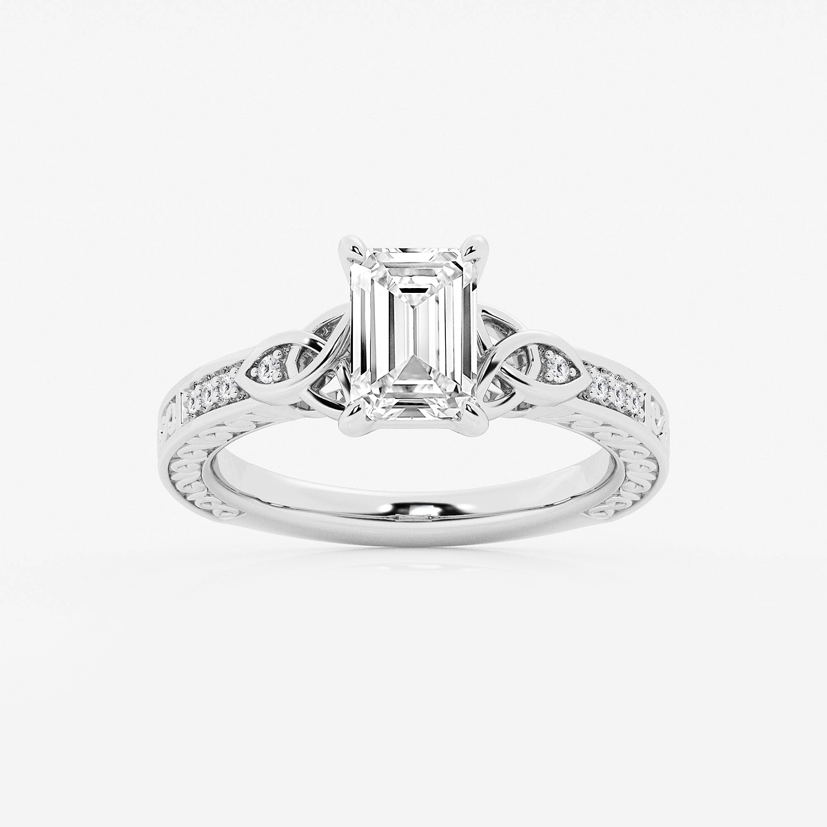 1 1/2 ctw Emerald Lab Grown Diamond Vintage Inspired Celtic Side Stone Engagement Ring