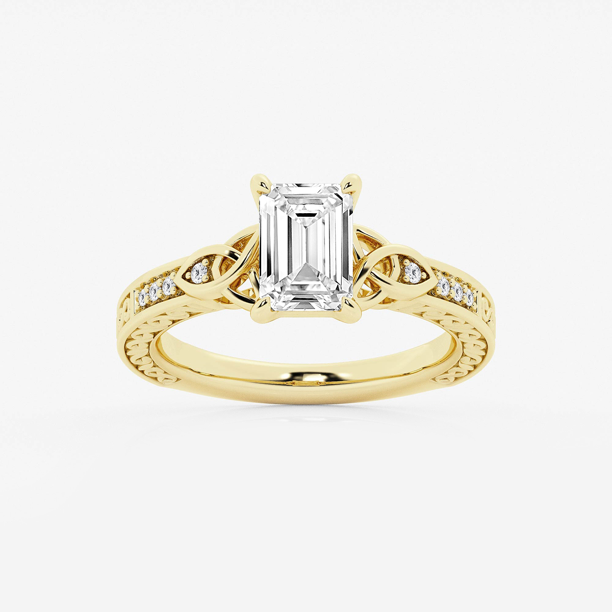 1 1/2 ctw Emerald Lab Grown Diamond Vintage Inspired Celtic Side Stone Engagement Ring 14K Yellow Gold, E, VS1