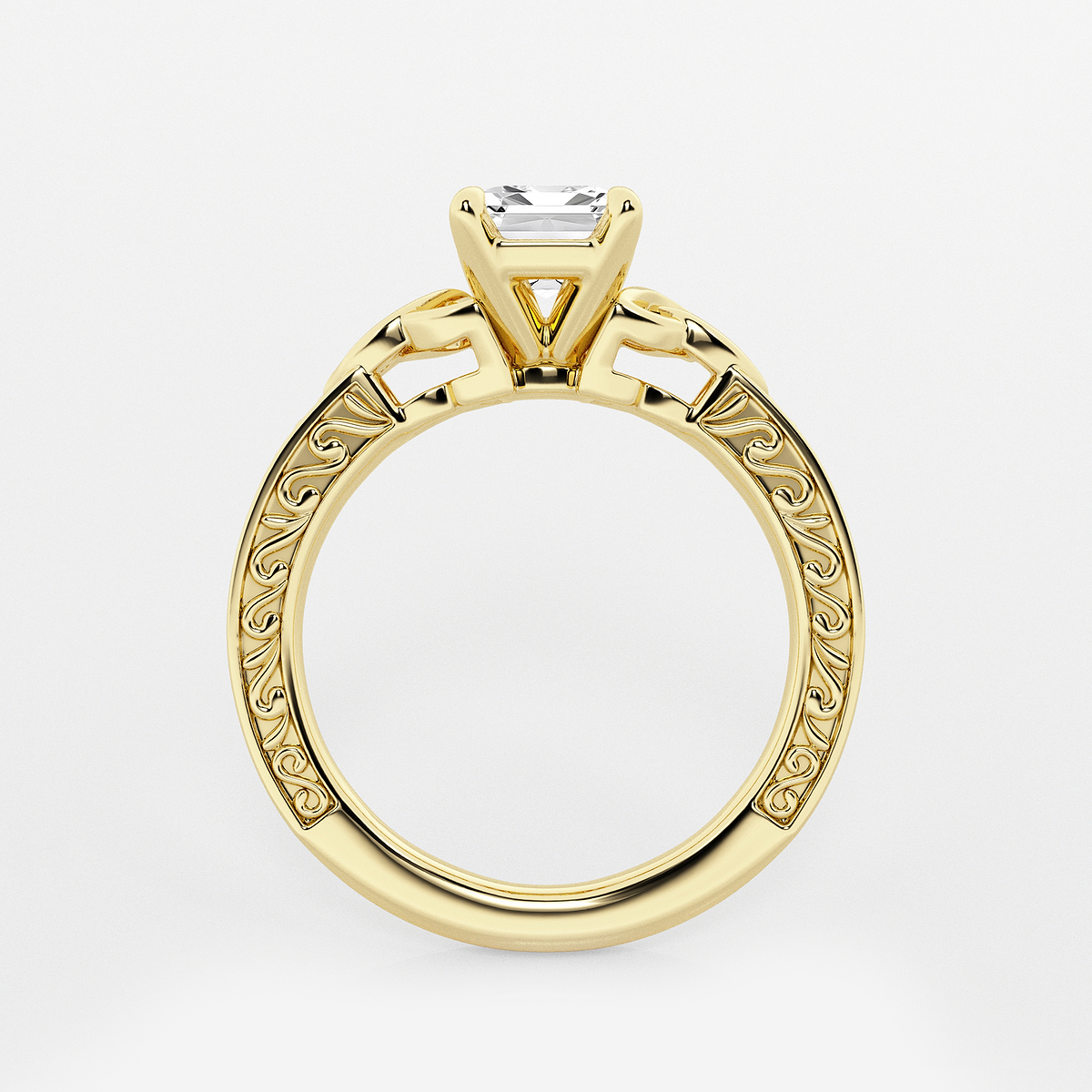 1 1/2 ctw Emerald Lab Grown Diamond Vintage Inspired Celtic Side Stone Engagement Ring 14K Yellow Gold, E, VS1