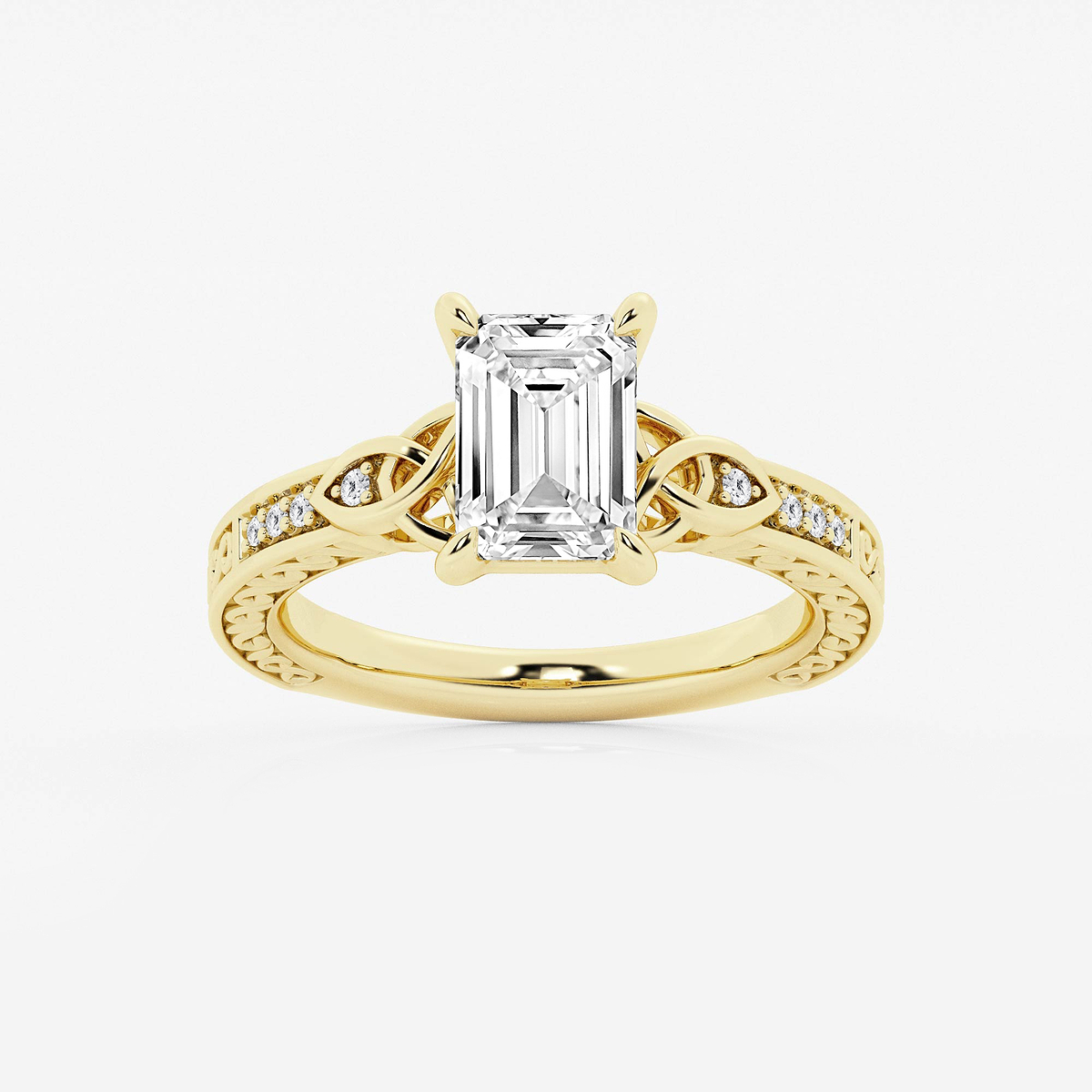 2 ctw Emerald Lab Grown Diamond Vintage Inspired Celtic Side Stone Engagement Ring 14K Yellow Gold, E, VS1