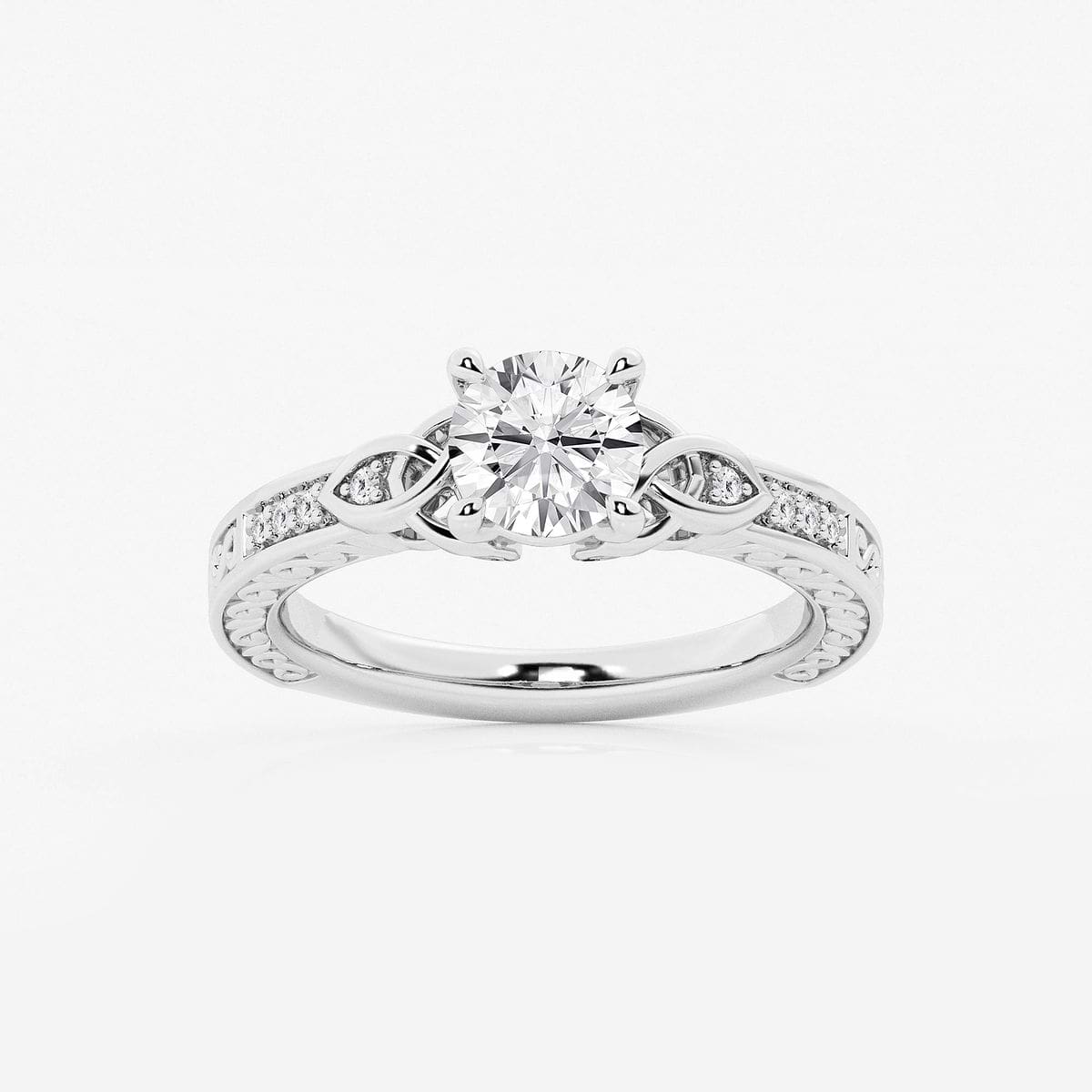 1 ctw Round Lab Grown Diamond Vintage Inspired Celtic Side Stone Engagement Ring 14K White Gold, F, VS2