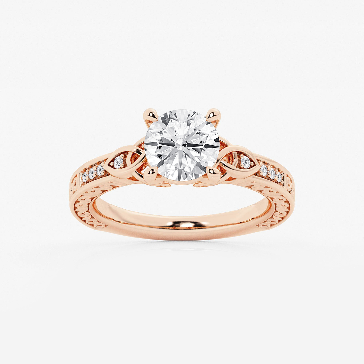 1 1/2 ctw Round Lab Grown Diamond Vintage Inspired Celtic Side Stone Engagement Ring