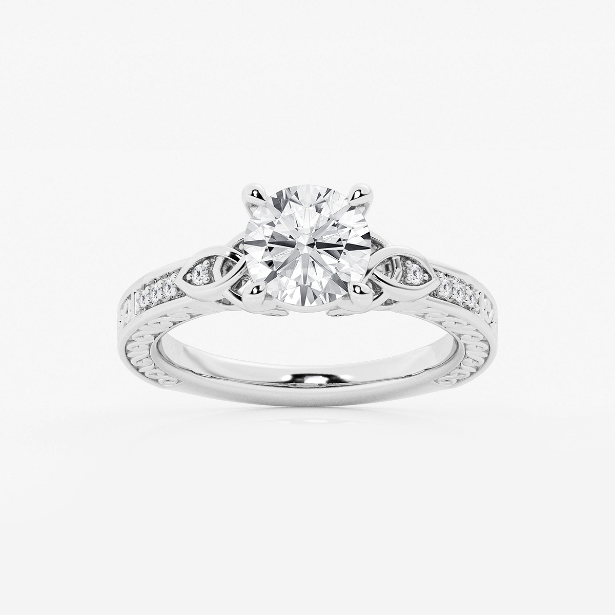 1 1/2 ctw Round Lab Grown Diamond Vintage Inspired Celtic Side Stone Engagement Ring
