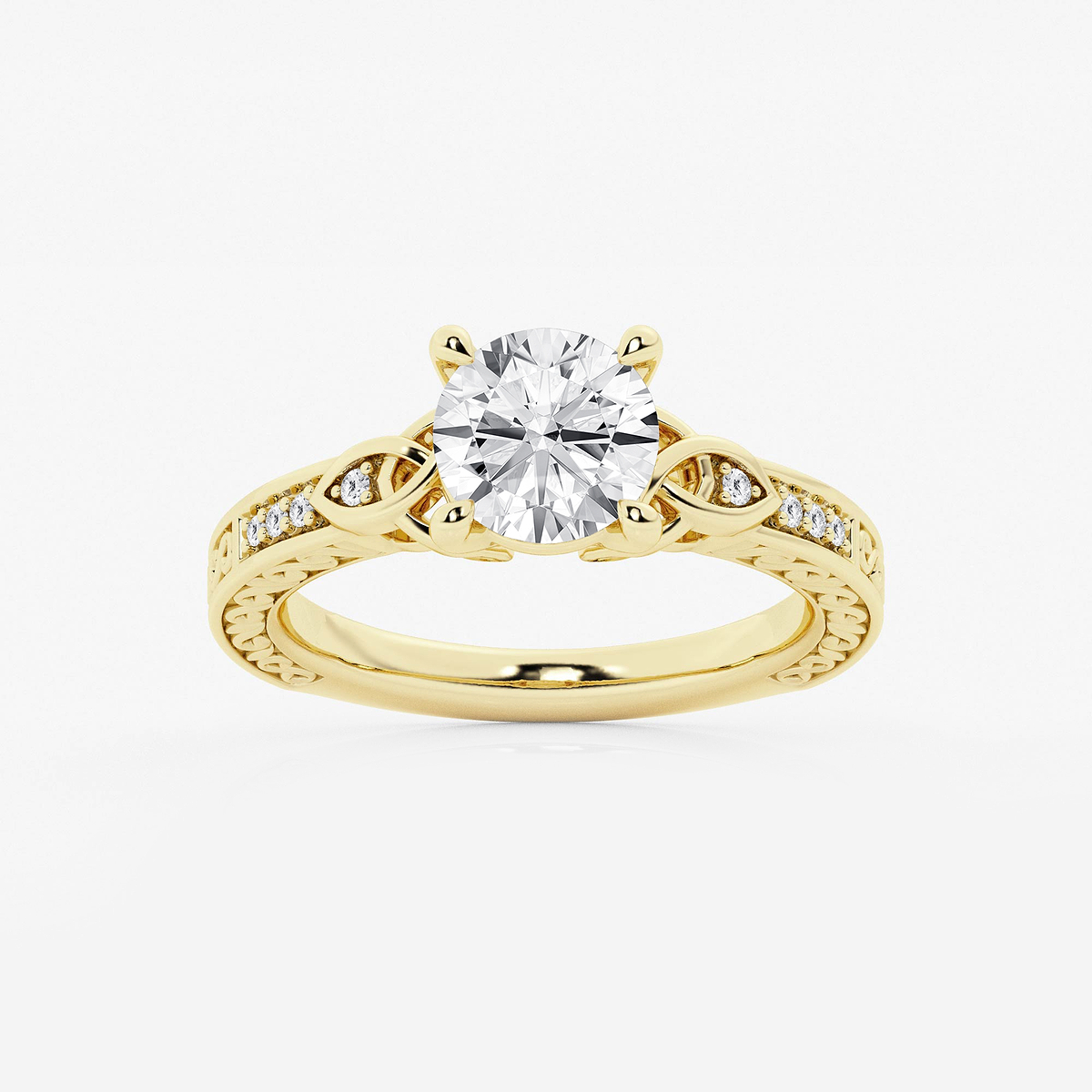 1 1/2 ctw Round Lab Grown Diamond Vintage Inspired Celtic Side Stone Engagement Ring