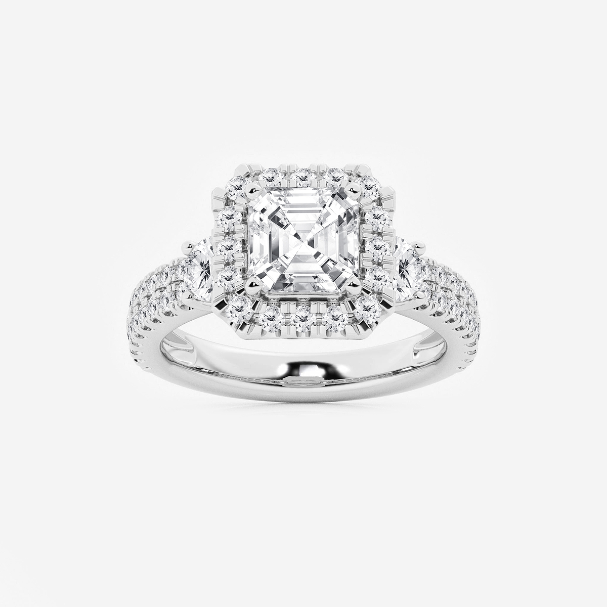 3 1/4 ctw Asscher Lab Grown Diamond Double Row Side Stones Halo Engagement Ring 14K White Gold, F, VS2