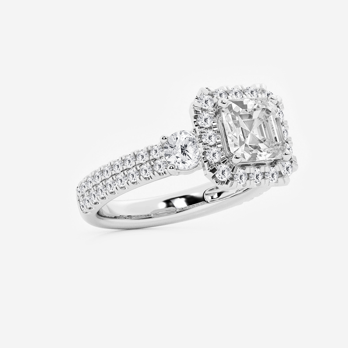 3 1/4 ctw Asscher Lab Grown Diamond Double Row Side Stones Halo Engagement Ring 14K White Gold, F, VS2