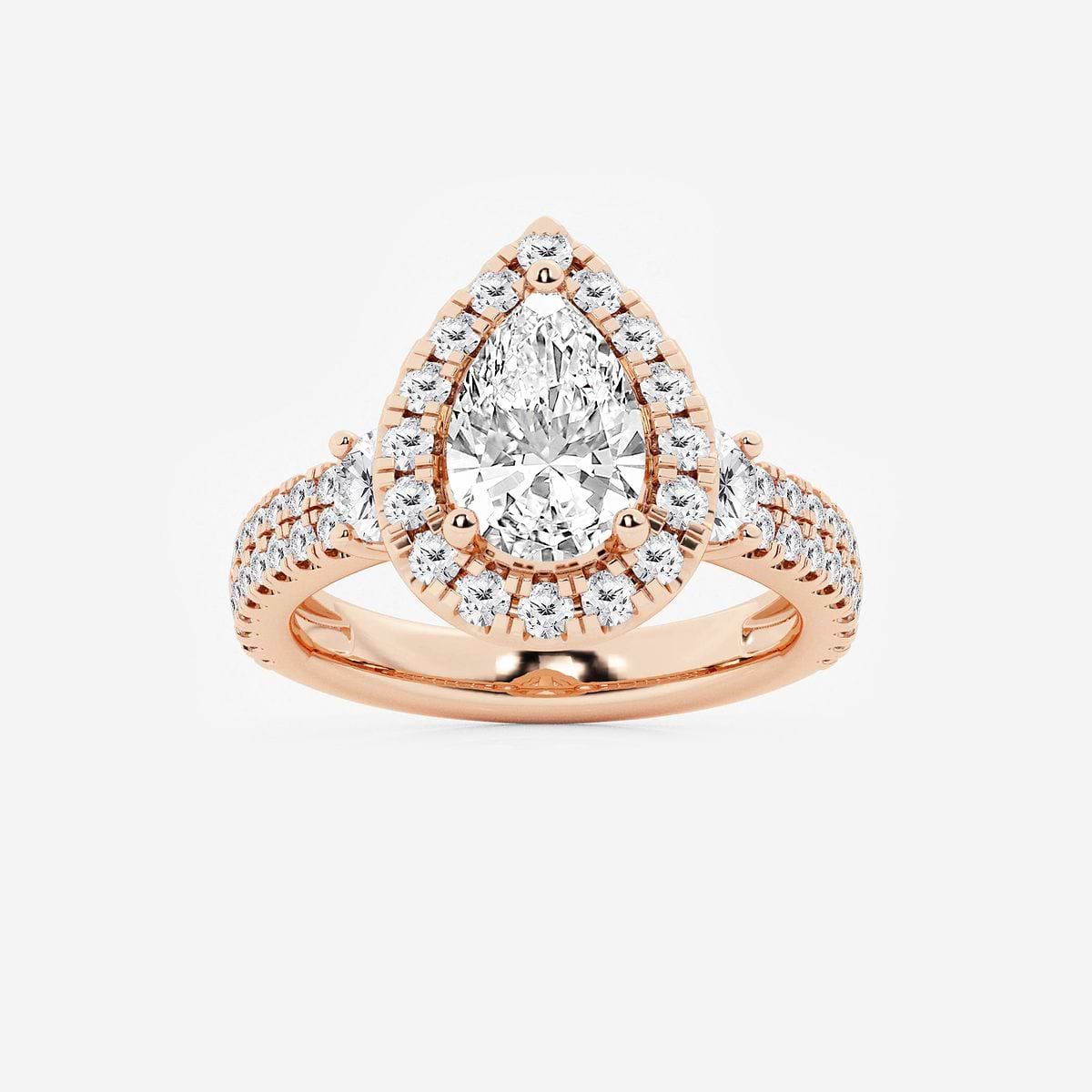 3 1/4 ctw Pear Lab Grown Diamond Double Row Side Stones Halo Engagement Ring 14K Rose Gold, D, VVS