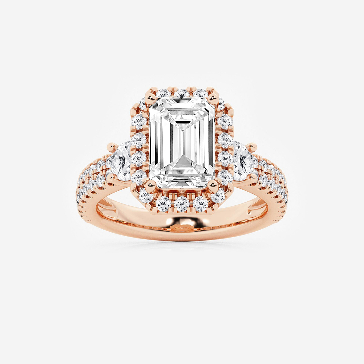 4 3/4 ctw Emerald Lab Grown Diamond Double Row Side Stones Halo Engagement Ring