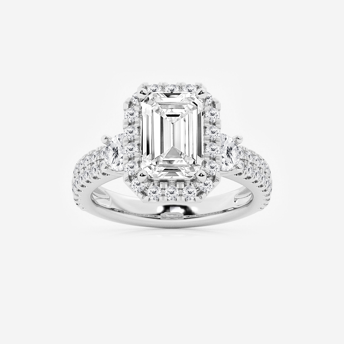 4 3/4 ctw Emerald Lab Grown Diamond Double Row Side Stones Halo Engagement Ring