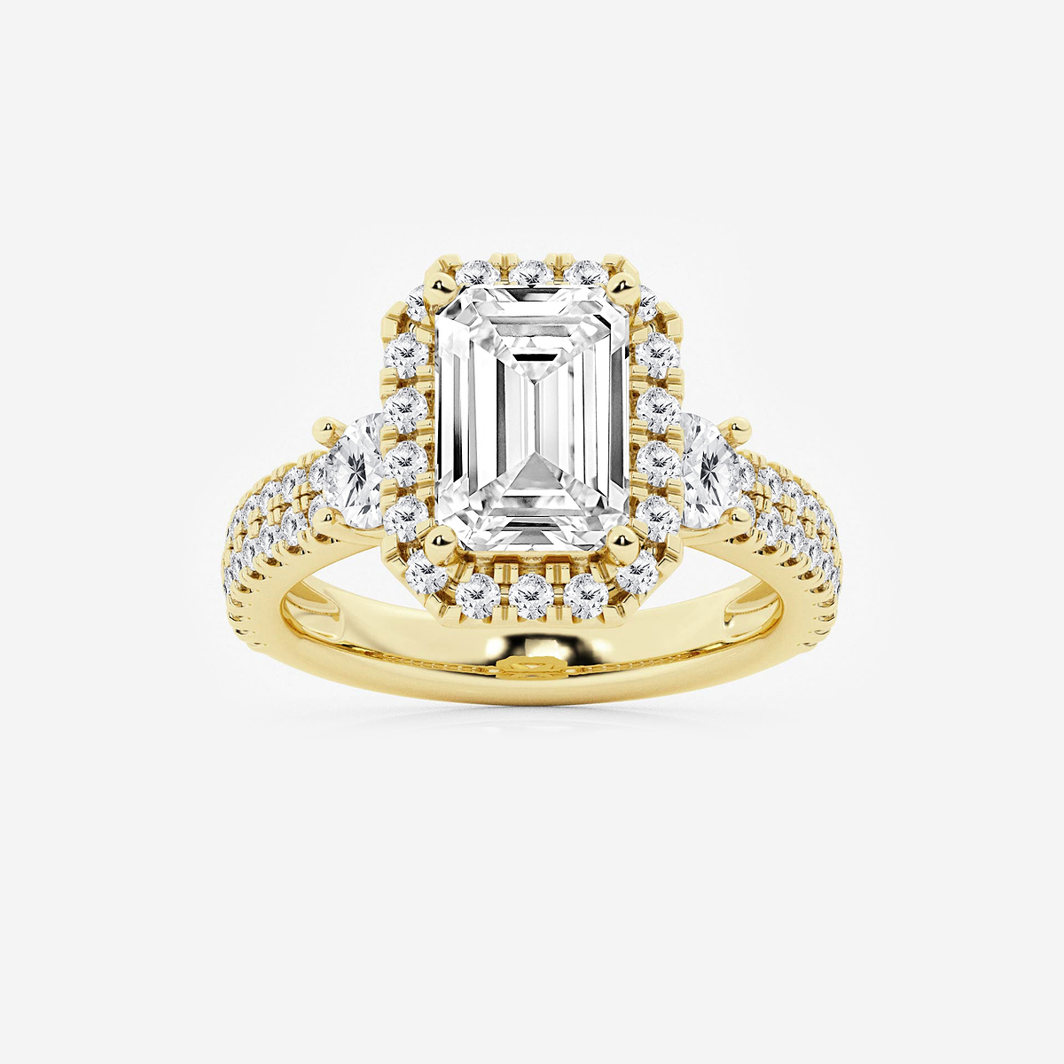 4 3/4 ctw Emerald Lab Grown Diamond Double Row Side Stones Halo Engagement Ring