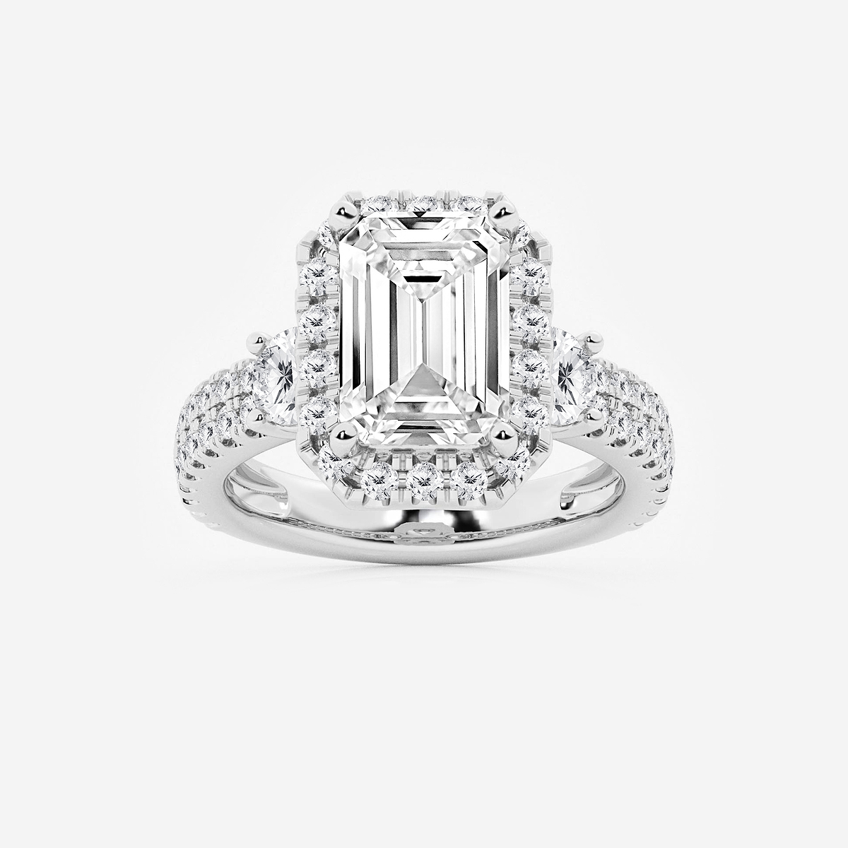 6 ctw Emerald Lab Grown Diamond Double Row Side Stones Halo Engagement Ring