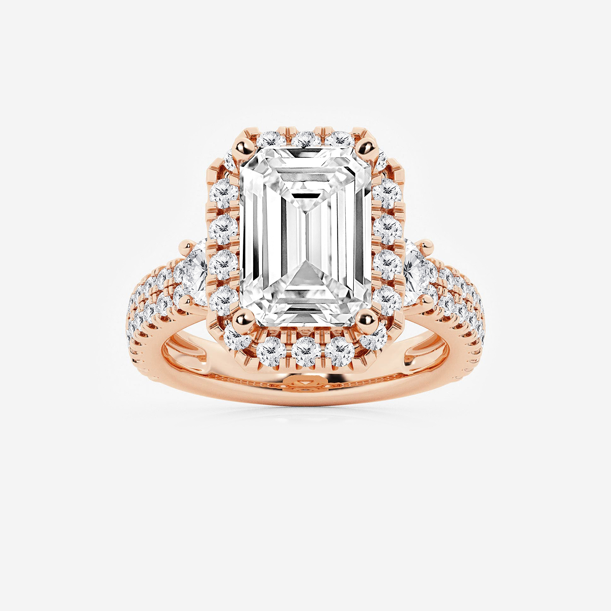 7 ctw Emerald Lab Grown Diamond Double Row Side Stones Halo Engagement Ring