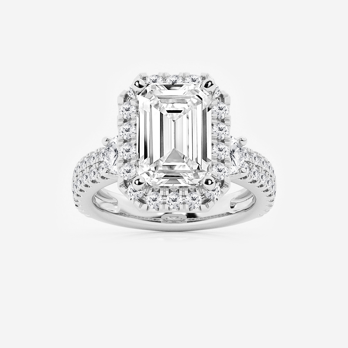 7 ctw Emerald Lab Grown Diamond Double Row Side Stones Halo Engagement Ring