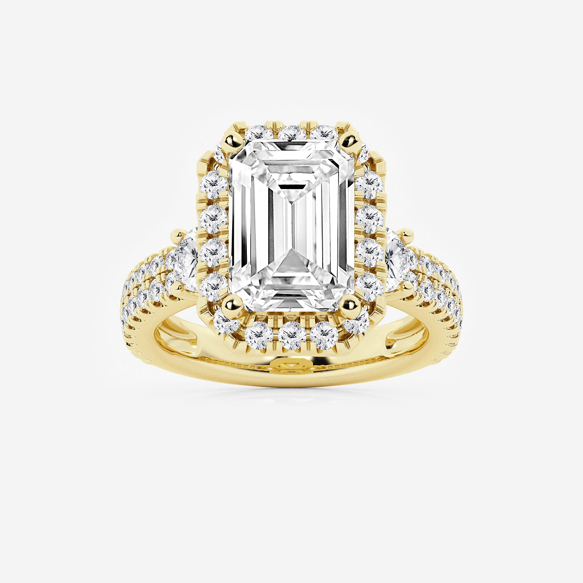 7 ctw Emerald Lab Grown Diamond Double Row Side Stones Halo Engagement Ring