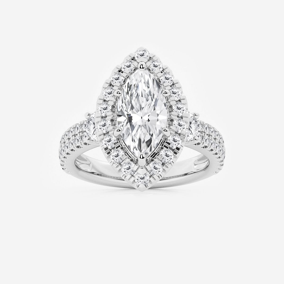 3 1/4 ctw Marquise Lab Grown Diamond Double Row Side Stones Halo Engagement Ring 14K White Gold, F, VS2