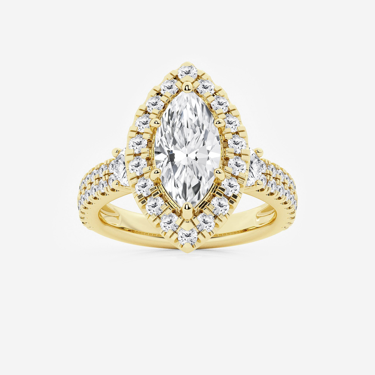 3 1/4 ctw Marquise Lab Grown Diamond Double Row Side Stones Halo Engagement Ring 14K Yellow Gold, D, VVS